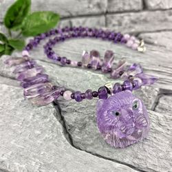Cat necklace made of natural purple amethyst, amulet  of 2023, jewelry for her.