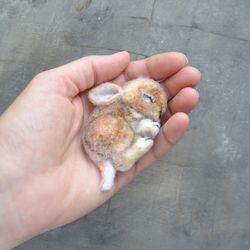 Cute sleeping baby hare animal brooch for women Needle felted wool baby bunny jewelry
