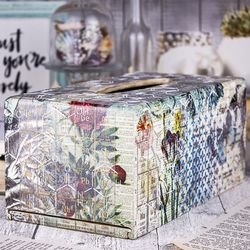 Vintage Flowers on the Old Newspapers Background with Golden Chemical Elements Collage Rectangular Tissue Box Cover