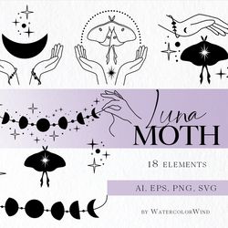 Celestial Luna Moth Vector Clipart With Witch Hands, Sublimation Designs For Instant Download