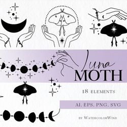celestial luna moth vector clipart with witch hands, sublimation designs for instant download