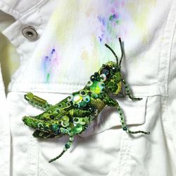 Embroidered 3D brooch with a green grasshopper.
