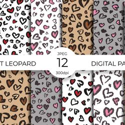 heart leopard digital paper. valentines leopard print seamless pattern bundle