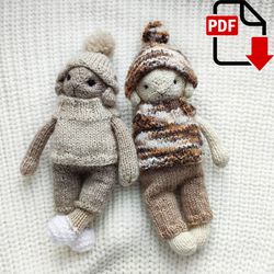 Knitted toys clothes pattern kit: trousers, sweater, hat and scarf. English and Russian PDF.