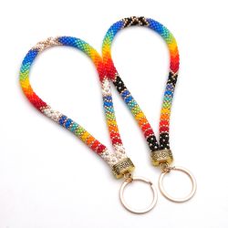 Rainbow beaded wristlet keychain, Rainbow wristlet key fob, Short lanyard for keys, Wrist lanyard, Handmade accessories
