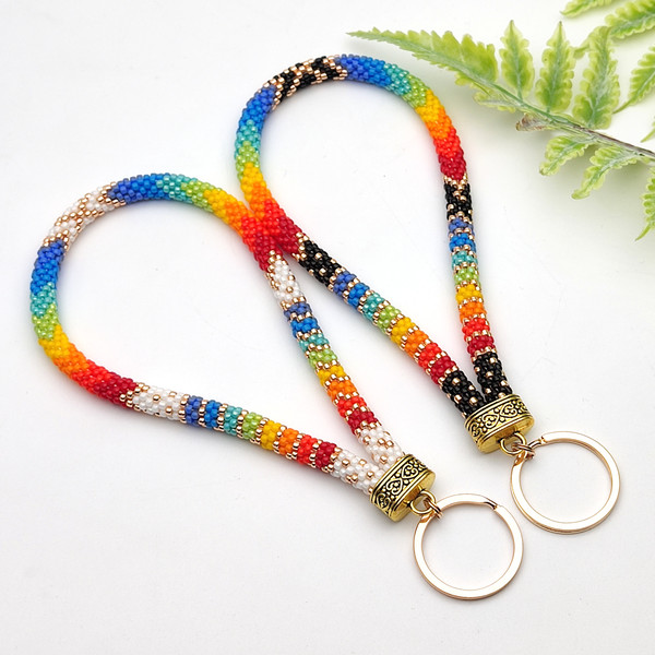two beaded wristlet keychains