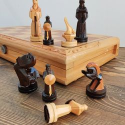 Handmade Vintage USSR Soviet Wooden Chess Set Board Carving Russian prison
