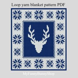 Loop yarn finger knitted Reindeer blanket pattern PDF Download