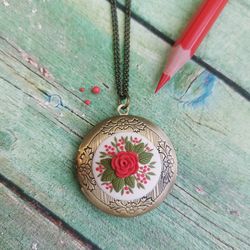 Red Rose locket necklace Personalized rose locket St Valentines gift necklace handmade