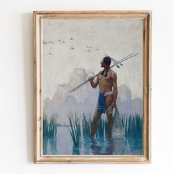 canvas art print | native american portrait oil painting | american western art | fisherman painting | river fishing art