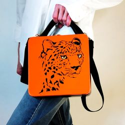 leopard orange handbag made of wood. fashion print. bag hand painted