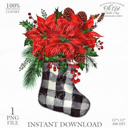 Merry Christmas Digital Clip Art. Christmas Sock, White Poinsettia, Hand Drawn Graphics. OliArtStudioShop