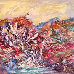 waterfalls sunset trees mountain original art oil painting artist svinar oksana
