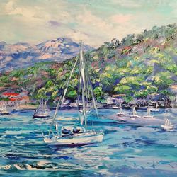 yachts sailboats sea mountains original art oil painting resort rocks artist svinar oksana