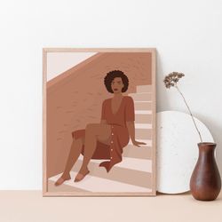 beautiful black woman in terracotta, black girl art, digital, black women poster, earth tones decor, beige poster