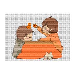 Anime cross stitch pattern Original Kotatsu Couple Orange Winter Autumn PDF