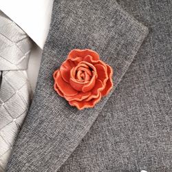Red rose men's lapel pin Leather boutonniere for him 3rd anniversary gift, art.6