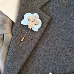 Blue orchid men's lapel pin Leather boutonniere for him 3rd anniversary gift