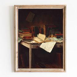 canvas art print | still life of books oil painting | brush inkwell and a pen on a table | library wall decor | books