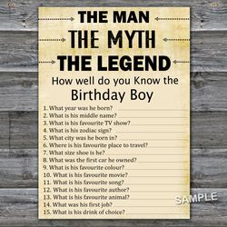 The man The myth The legend How well do you know the birthday boy,Birthday Games for Him,Adult Birthday Games