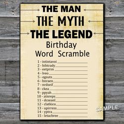 The man The myth The legend Birthday Word Scramble Game,Birthday Games for Him,Adult Birthday Games