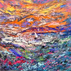 sailboat mountain flowers sunset original art oil painting artist svinar oksana