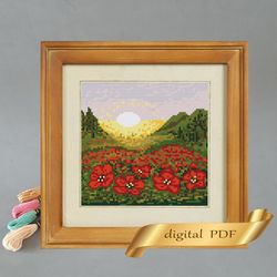 landscape with poppies pattern pdf cross stitch, easy embroidery diy
