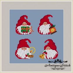 SET 4 Christmas Gnomes Ornaments Mini Cross Stitch Pattern PDF Compatible Pattern Keeper