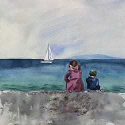 original watercolour painting "at the seaside" home wall decor