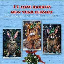 12 cute New Year rabbits, postcards, clipart, journaling, scrapbook, decoupage paper, rabbit Printable cards