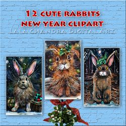 12 cute new year rabbits, postcards, clipart, journaling, scrapbook, decoupage paper, rabbit printable cards