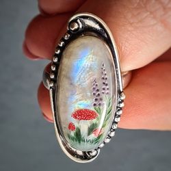 Moonstone ring Stone painting fly agaric Aaa large Moonstone ring