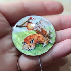 Kitsune brooch, real oil painting miniature on mother of pearl. Kitsune fox pin