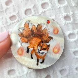 Kitsune brooch, real oil painting miniature on mother of pearl. Kitsune fox pin