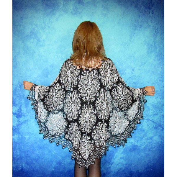 Black and white crochet shawl, Hand knit warm Russian Orenburg shawl, Shoulder wrap, Goat wool stole, Downy cape, Cover up, kerchief, Gift for mom 2.JPG