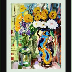Vase Oil Painting Abstract Original Art Flower Original Artwork Floral Painting Sunflower Impasto Textured by FusionArtC