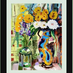 vase oil painting abstract original art flower original artwork floral painting sunflower impasto textured by fusionartc