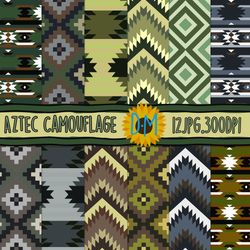 camouflage aztec digital paper set, 12 tribal camouflage seamless patterns for scrapbooking and crafting