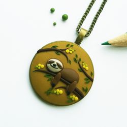 Cute Sloth necklace, Cute baby sloth pendant, Polymer clay Sloth Miniature sloth gift