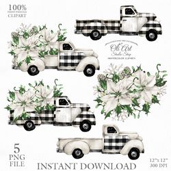 Merry Christmas Truck Digital Clip Art. White Poinsettia, Hand Drawn Graphics. OliArtStudioShop