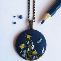 Wildflowers necklace pendant Floral necklace Botanical Forest necklace Yellow flower Minimalistic polymer clay
