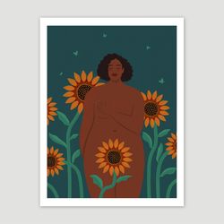 Beautiful black curvy woman in sunflowers, black girl art, digital, black women art, body positive poster, green decor