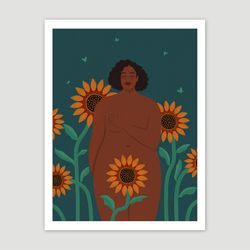 beautiful black curvy woman in sunflowers, black girl art, digital, black women art, body positive poster, green decor