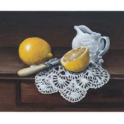 Lemon Painting, Original Art, Fruit Painting, Food Artwork, Kitchen Small Painting, 8 by 10 in