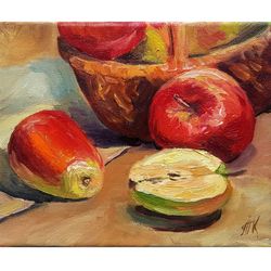 Apple Painting fruit Original Art Still Life Canvas Oil Painting Kitchen Wall Art Food Artwork Fruits Small Painting