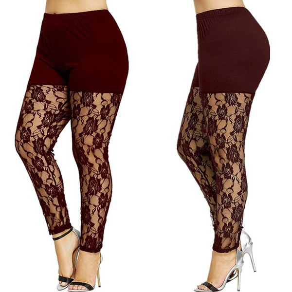 wine red plus size lace leggings floral ankle tights pants
