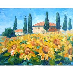 Sunflowers Field Painting Impasto Original Art Tuscany Painting  Landscape Oil Canvas Wall Art Sunflower Artwork