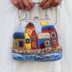 handbag with houses. purse felt. ecobag. gift for her