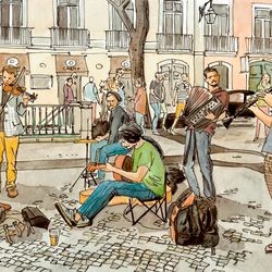Street musicians. Lisbon. Portugal. Watercolor drawing. Digital copy. Art Print. Poster.