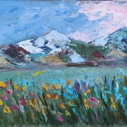 Original Painting Mountains Artwork Oil Painting on Cardboard Meadow Painting Floral impasto Size 8 by 12 by ArtByMila